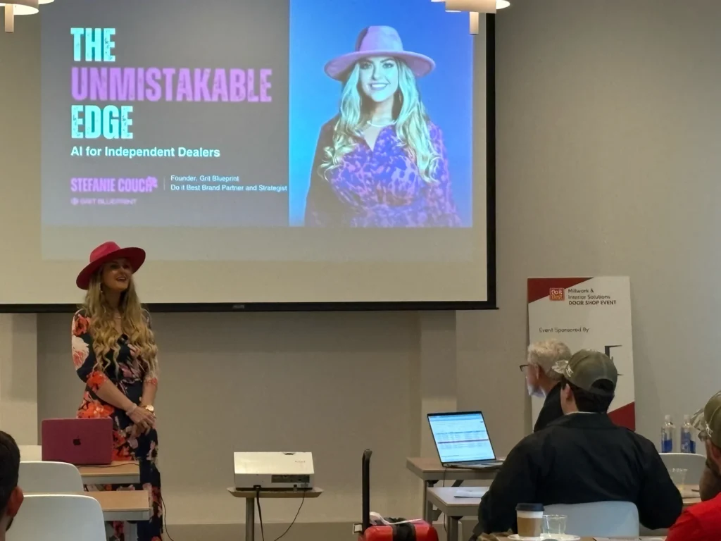 Stefanie Couch in a pink hat beside her title slide, The Unmistakable Edge: AI for Independent Dealers