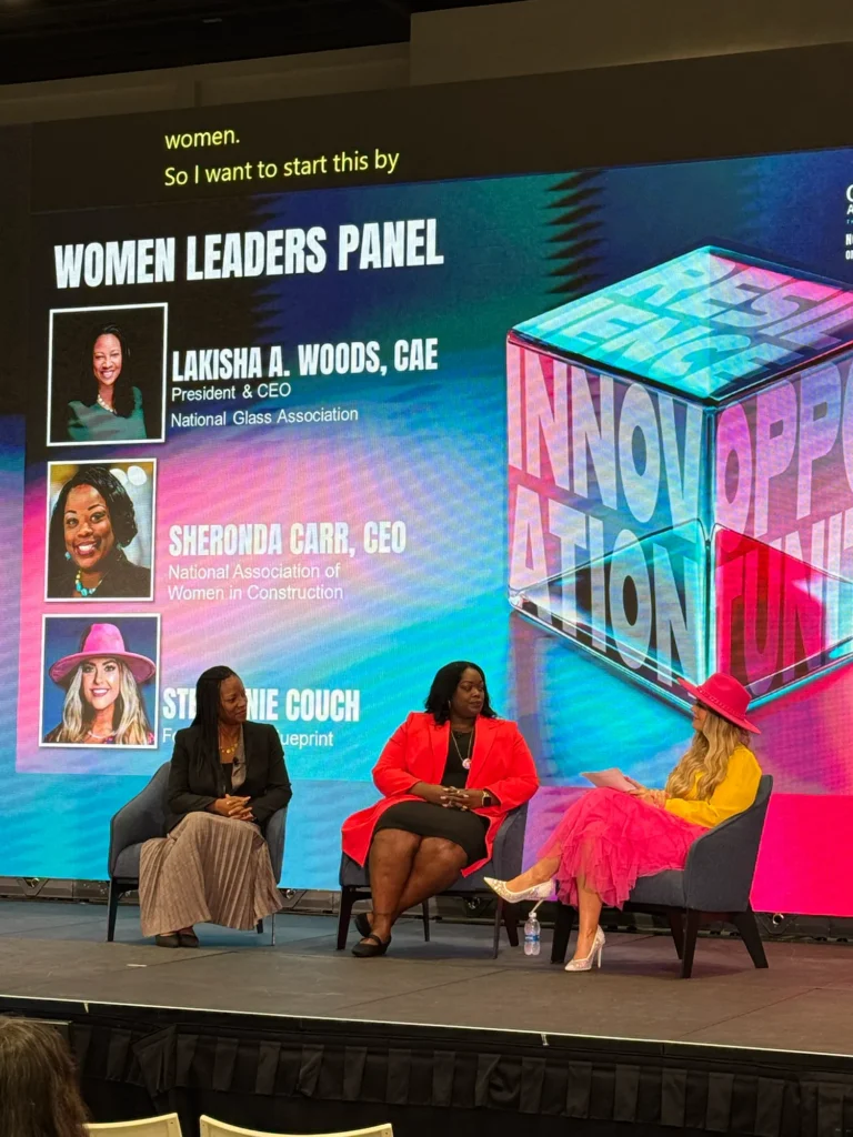 Stefanie Couch moderating the Women Leaders Panel with Lakisha Woods and Sheronda Carr at GlassBuild America 2025