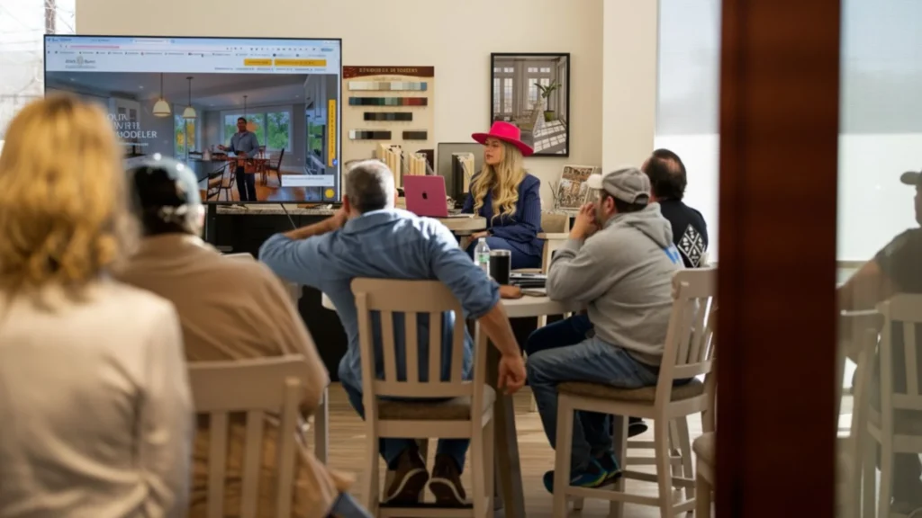 Stefanie Couch leading a contractor training, a remodeler’s website on the big screen