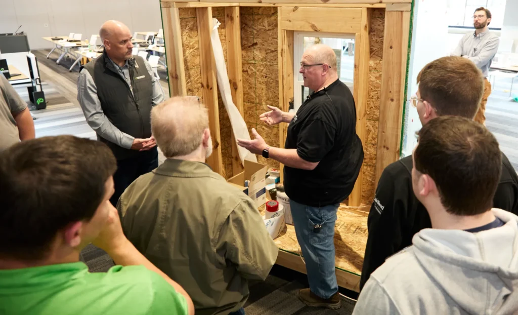 A field service technician shows flashing tape at an OSB wall demo at the Do it Best LBM Millwork Academy